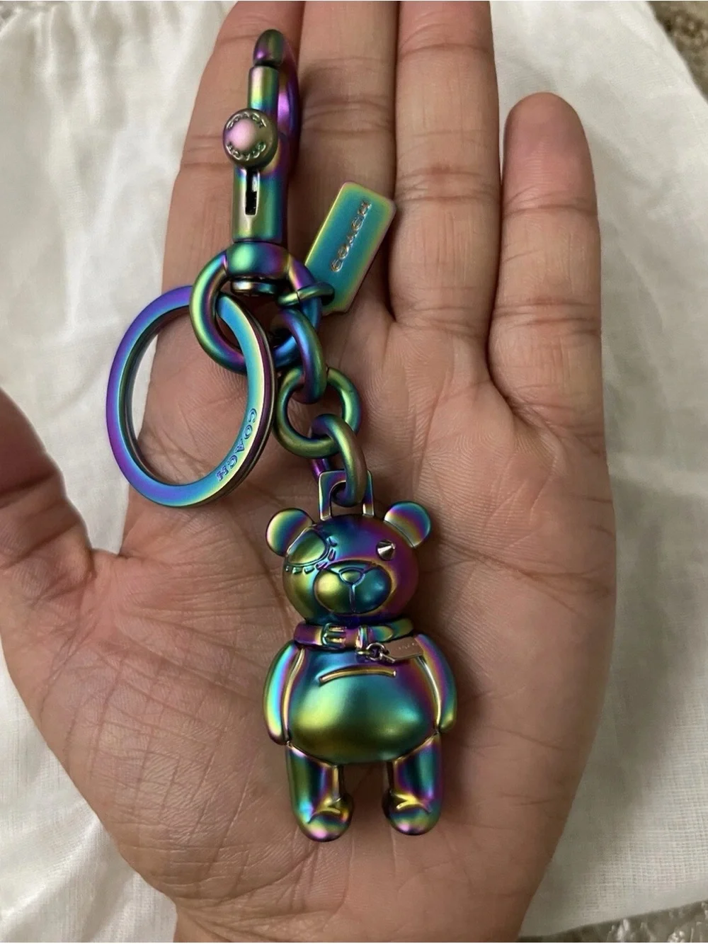 Coach Iridescent Rainbow Oil Slick Teddy Bear Keychain Charm